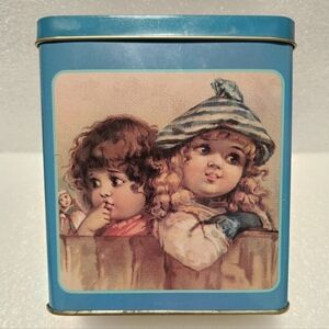💙Vintage Square Tin Canister with Sweet Little Girls Holding Baby Doll
